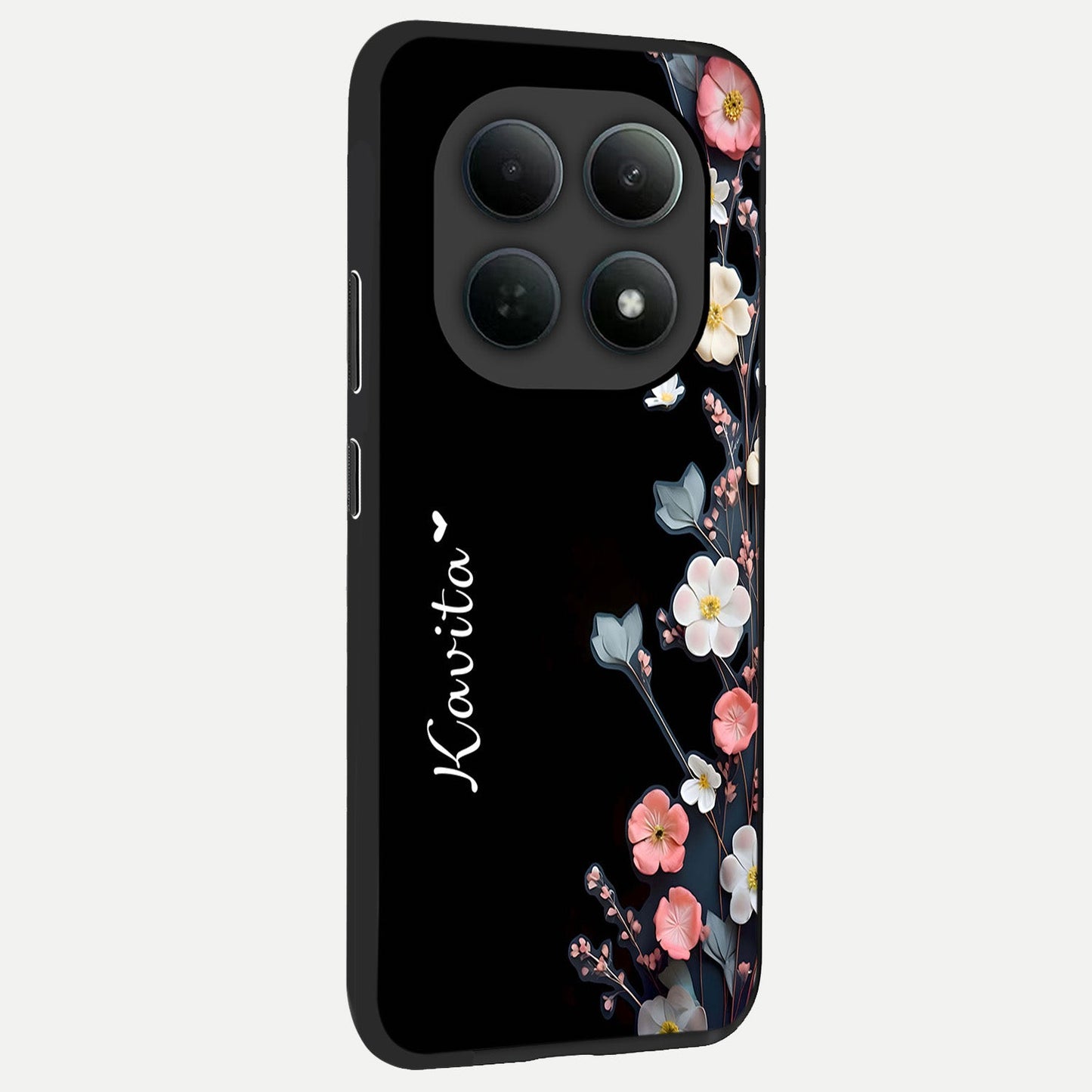  Black Elegance Floral Custom Name back cover For Poco M8 Pro slim fit glass case with vibrant aesthetic design