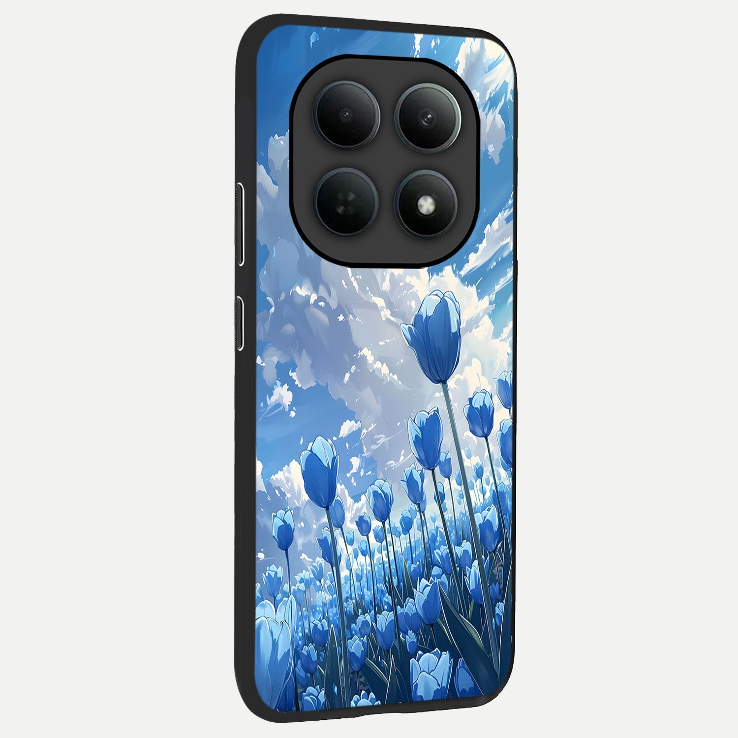  Blue Tulip Clouds back cover For Poco M8 Pro slim fit glass case with vibrant aesthetic design