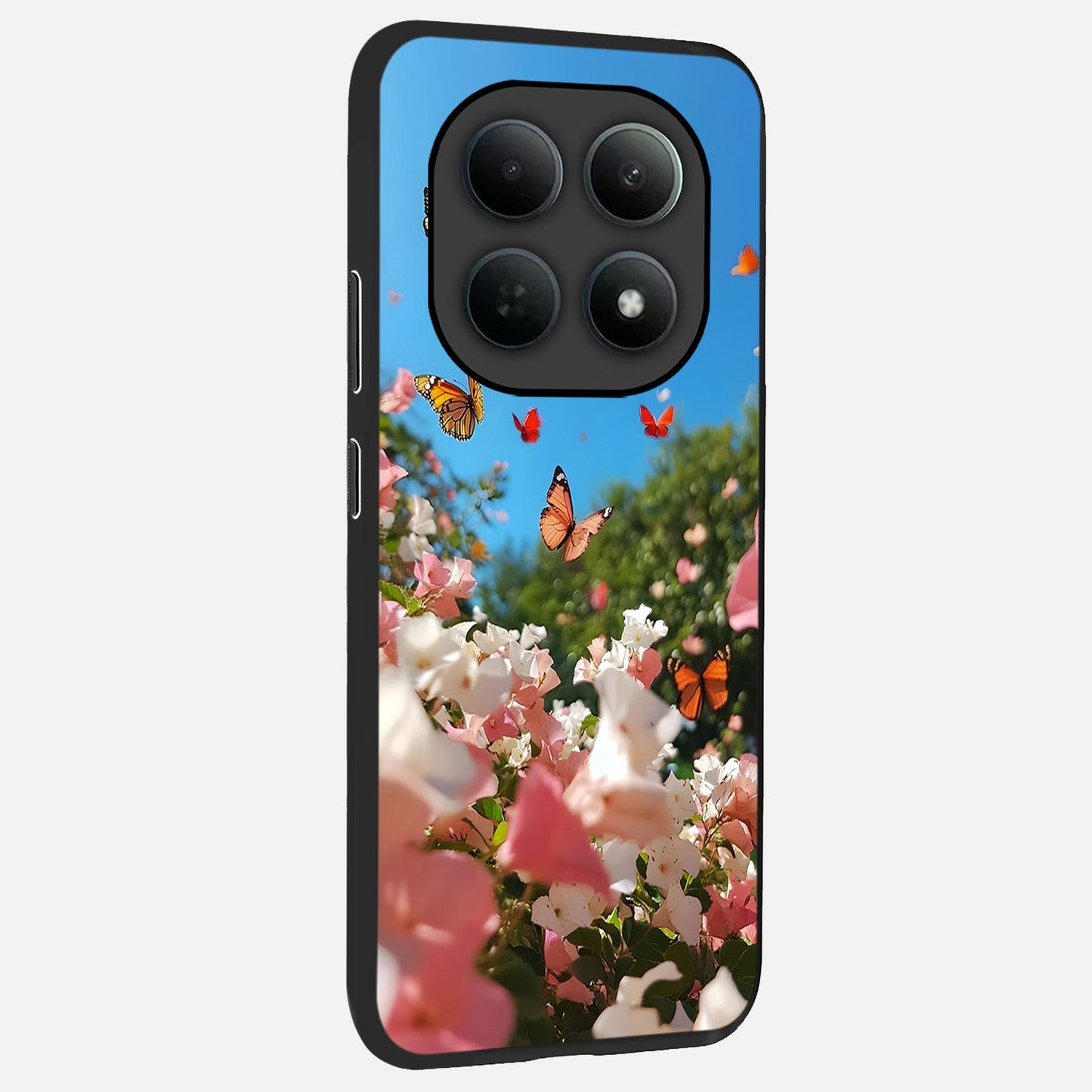  Butterflies In Bloom Sky back cover For Poco M8 Pro slim fit glass case with vibrant aesthetic design