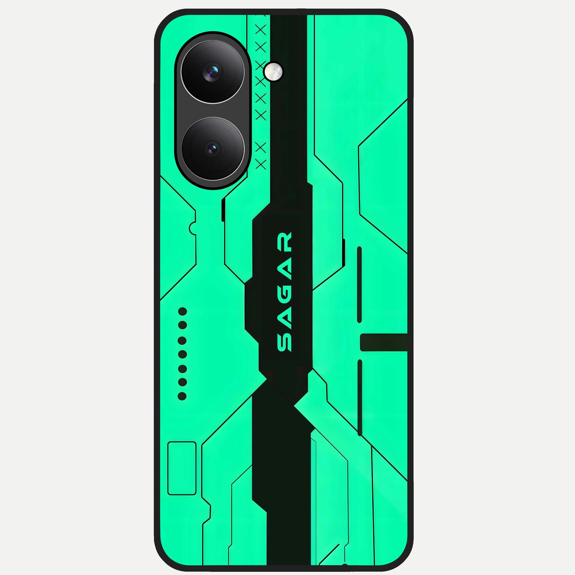  Aqua Tech CYBERPUNK Custom Name Glass Case For Poco X8 Pro back cover – full design glossy printed glass finish