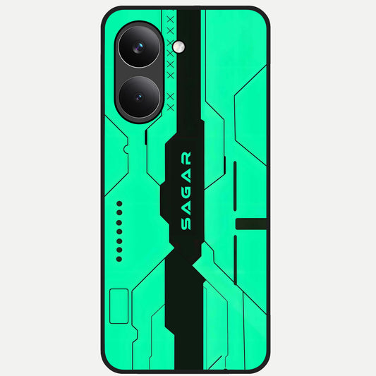  Aqua Tech CYBERPUNK Custom Name Glass Case For Poco X8 Pro back cover – full design glossy printed glass finish