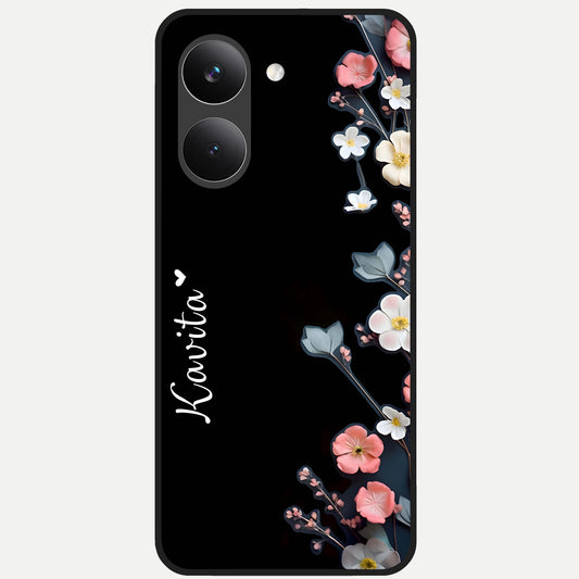  Black Elegance Floral Custom Name Glass Case For Poco X8 Pro back cover – full design glossy printed glass finish