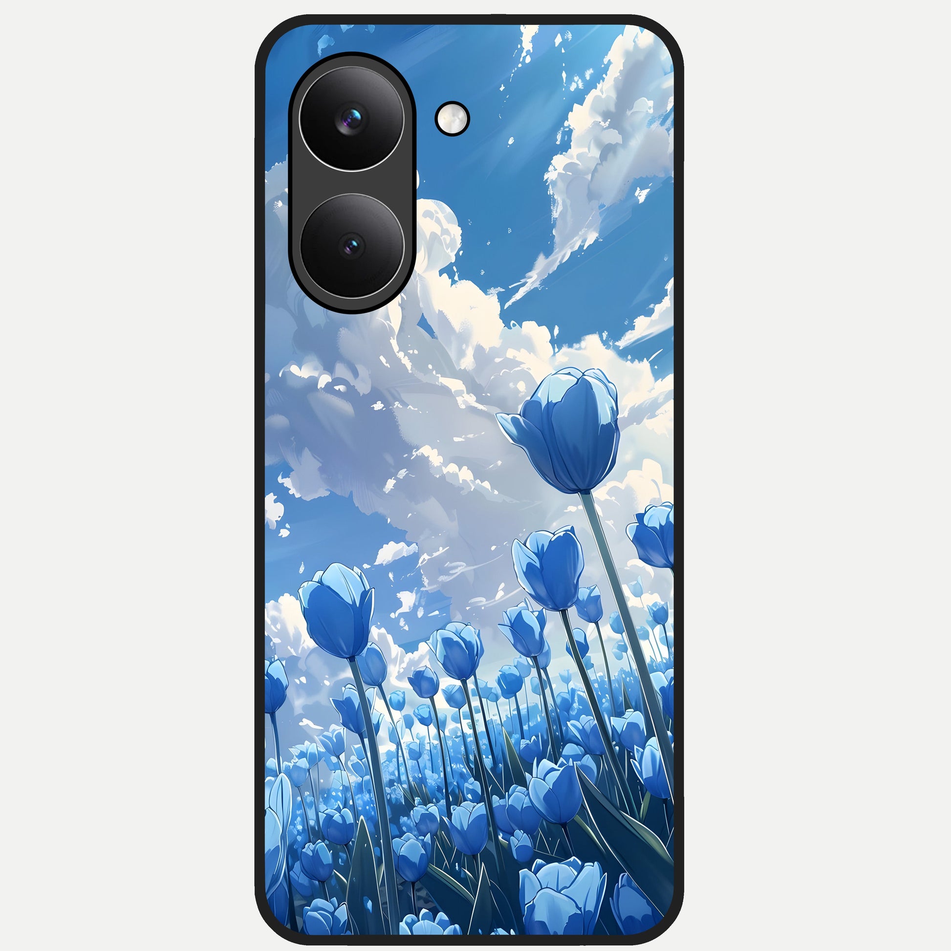  Blue Tulip Clouds Glass Case For Poco X8 Pro back cover – full design glossy printed glass finish