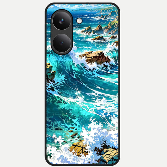  Coastal Blue Waves Glass Case For Poco X8 Pro back cover – full design glossy printed glass finish