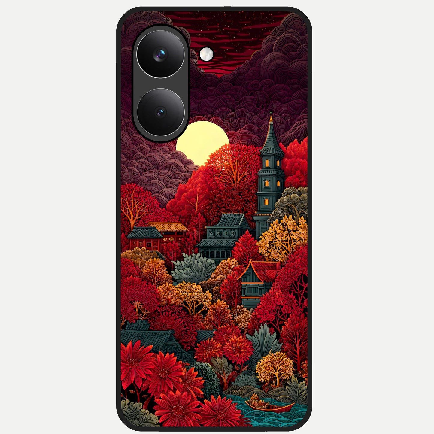  Scarlet Autumn Temple Glass Case For Poco X8 Pro back cover – full design glossy printed glass finish