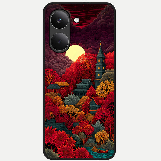  Scarlet Autumn Temple Glass Case For Poco X8 Pro back cover – full design glossy printed glass finish