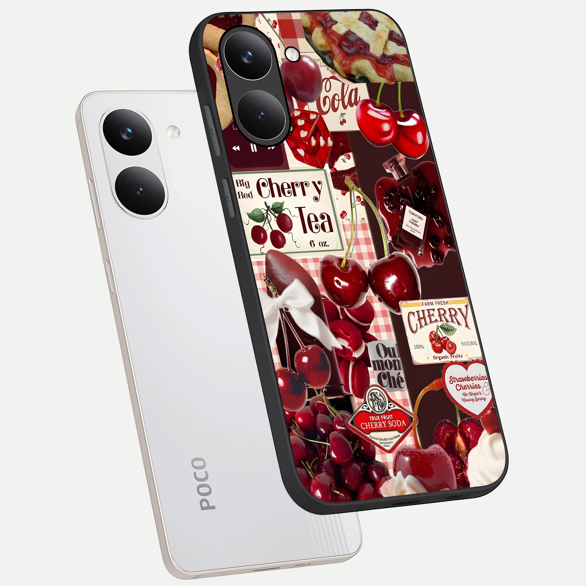  Aesthetic Cherry Tea phone case For Poco X8 Pro showing premium glass back cover with detailed artwork
