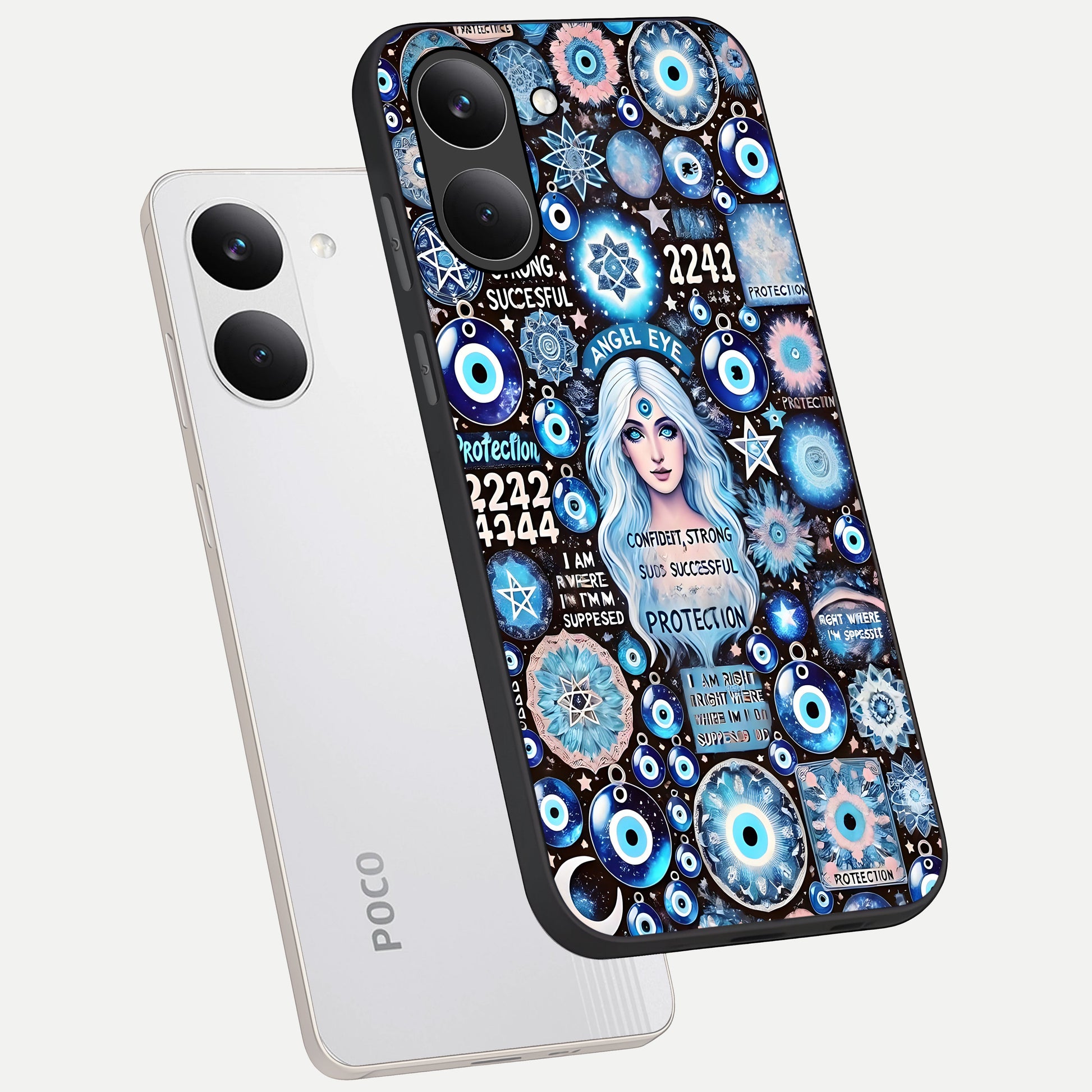  Angel Aura Shield phone case For Poco X8 Pro showing premium glass back cover with detailed artwork