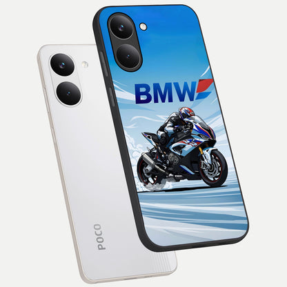  BMW Power Drift phone case For Poco X8 Pro showing premium glass back cover with detailed artwork