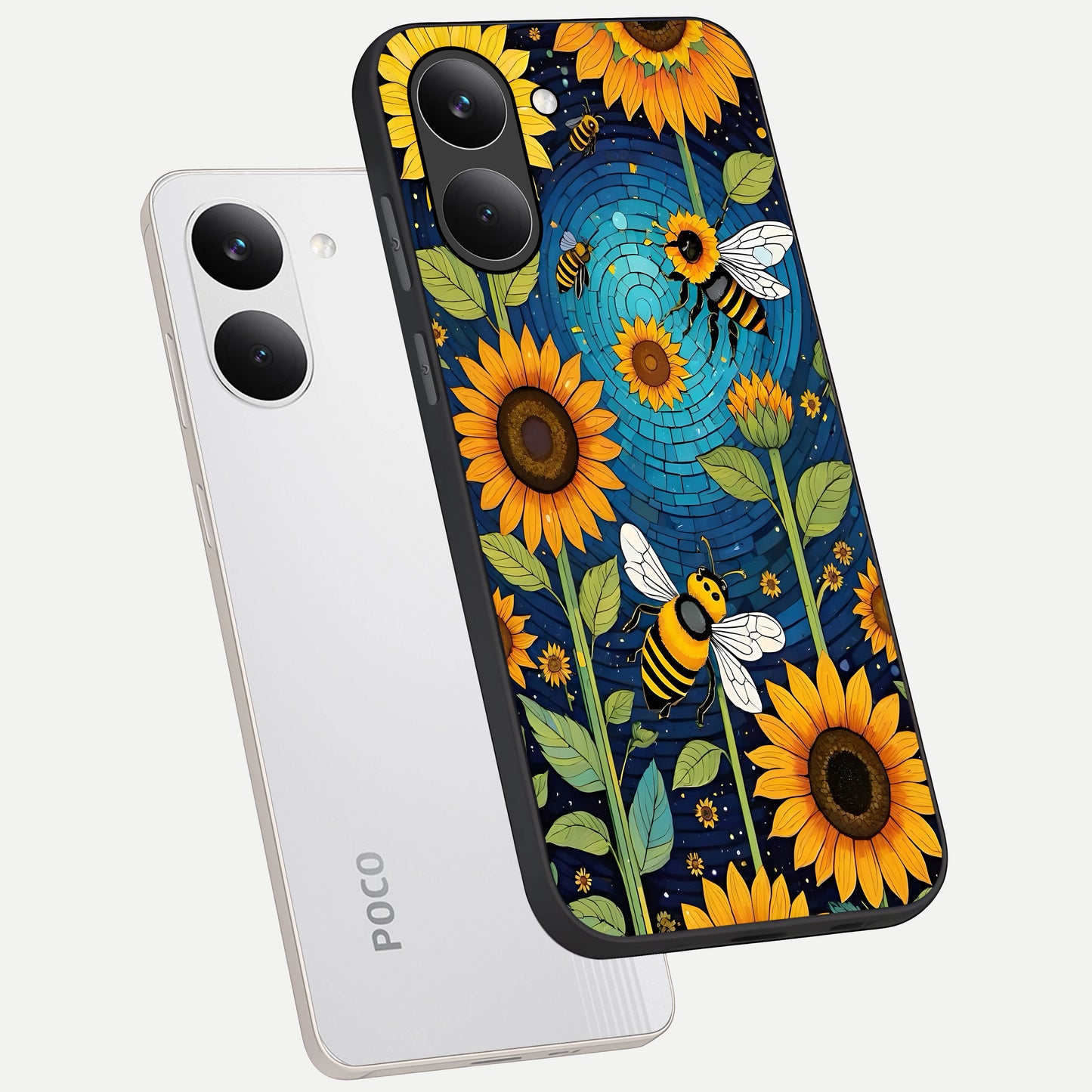  Bees And Sunflowers phone case For Poco X8 Pro showing premium glass back cover with detailed artwork