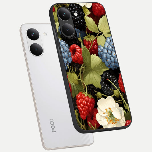  Berry Bloom Charm phone case For Poco X8 Pro showing premium glass back cover with detailed artwork