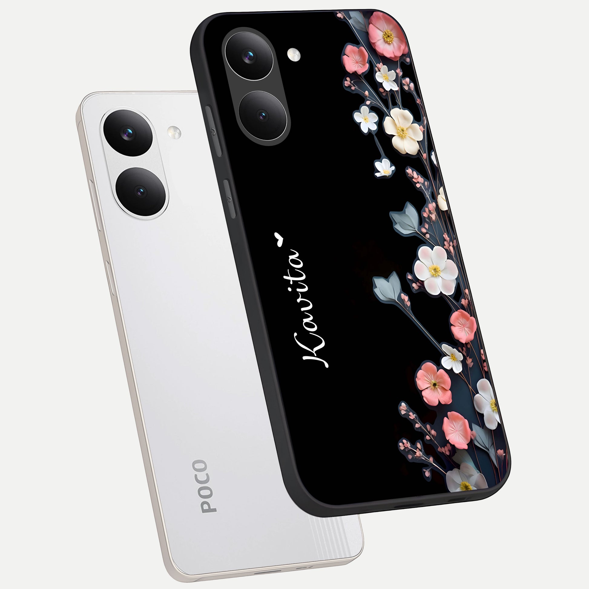  Black Elegance Floral Custom Name phone case For Poco X8 Pro showing premium glass back cover with detailed artwork