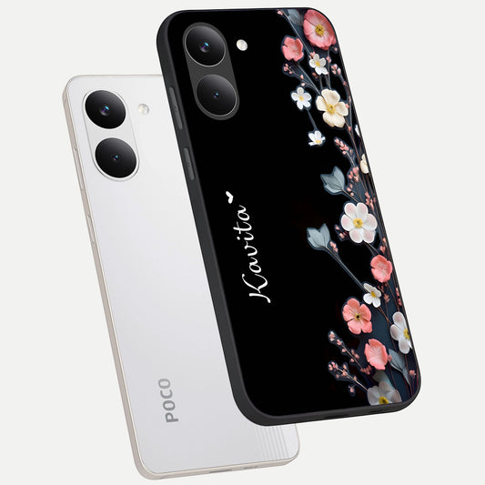  Black Elegance Floral Custom Name phone case For Poco X8 Pro showing premium glass back cover with detailed artwork