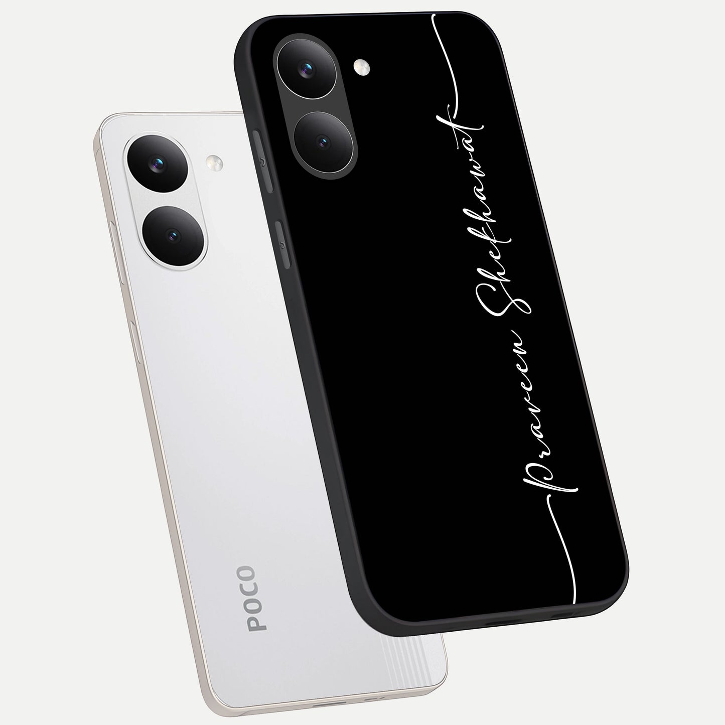  Black Tune Custom Name phone case For Poco X8 Pro showing premium glass back cover with detailed artwork