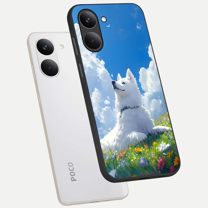  Blissful Cloud Pup phone case For Poco X8 Pro showing premium glass back cover with detailed artwork