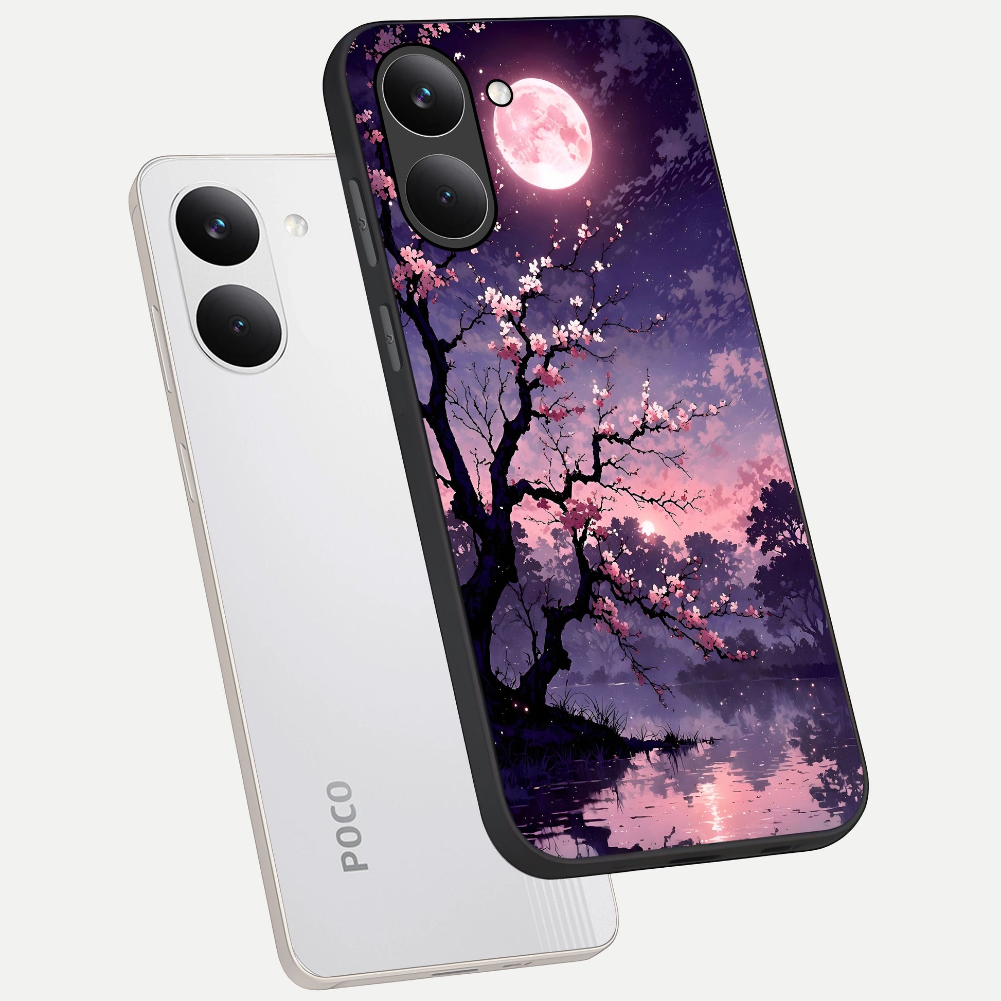  Blossom Pink Moon phone case For Poco X8 Pro showing premium glass back cover with detailed artwork
