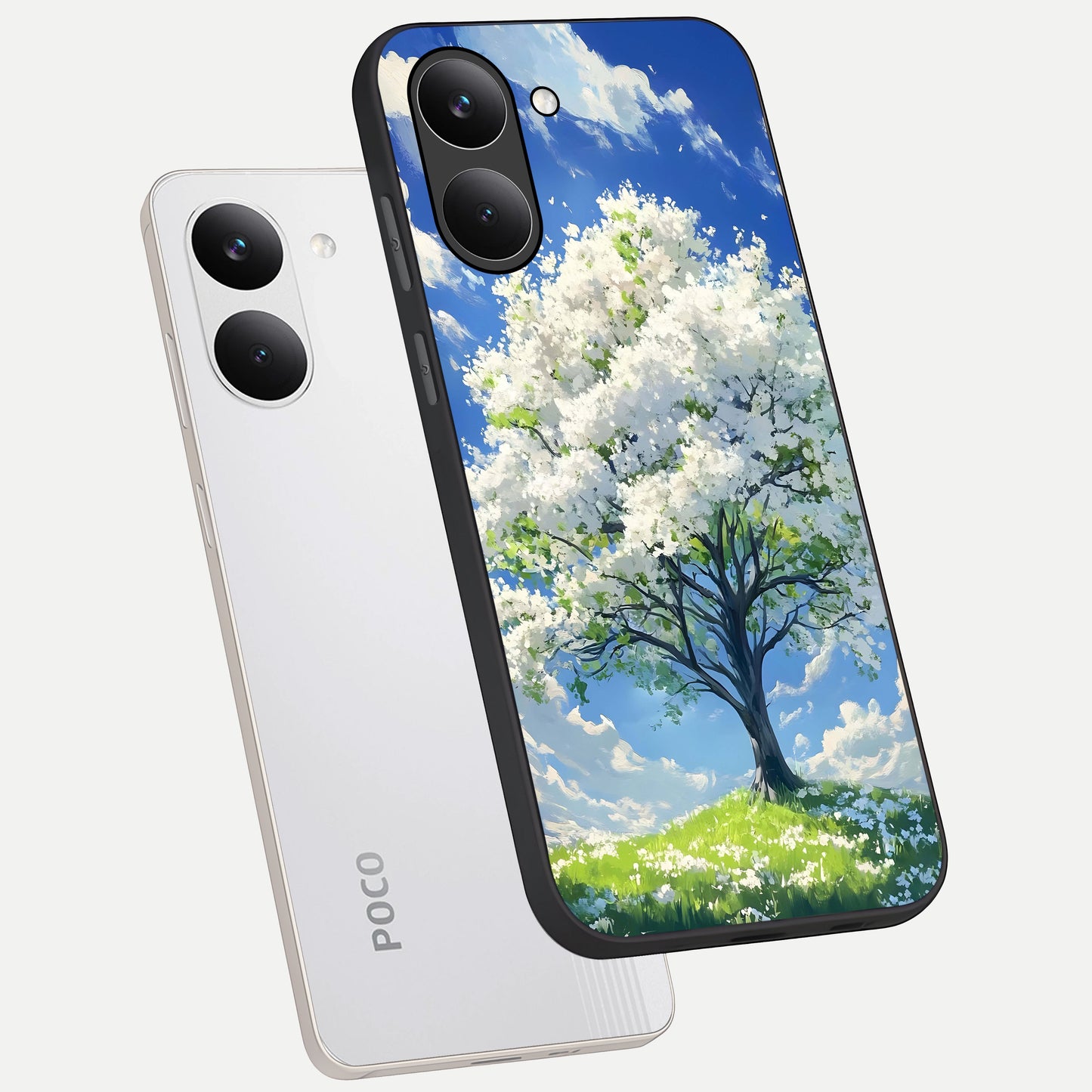  Blossom Sky Serenity phone case For Poco X8 Pro showing premium glass back cover with detailed artwork