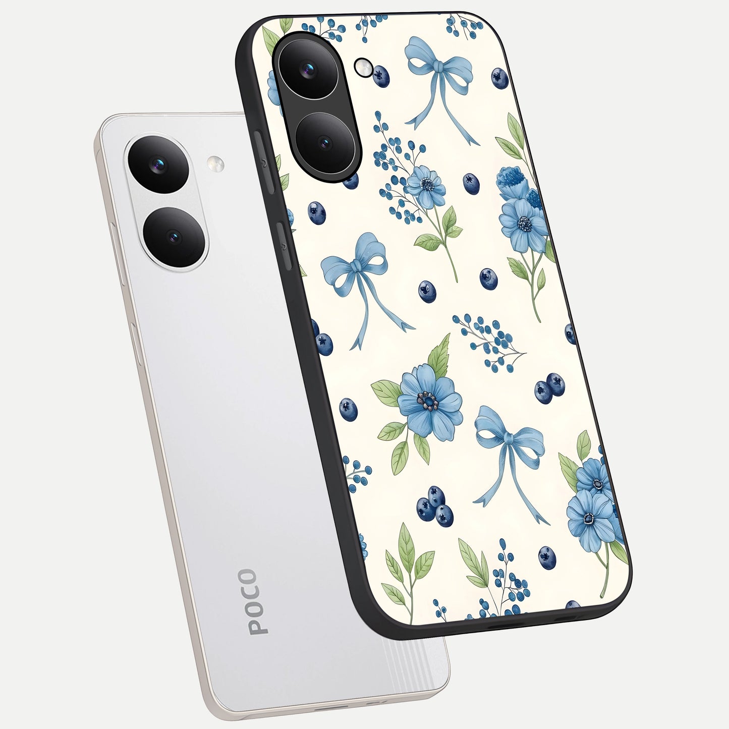  Blue Flower And Bow phone case For Poco X8 Pro showing premium glass back cover with detailed artwork