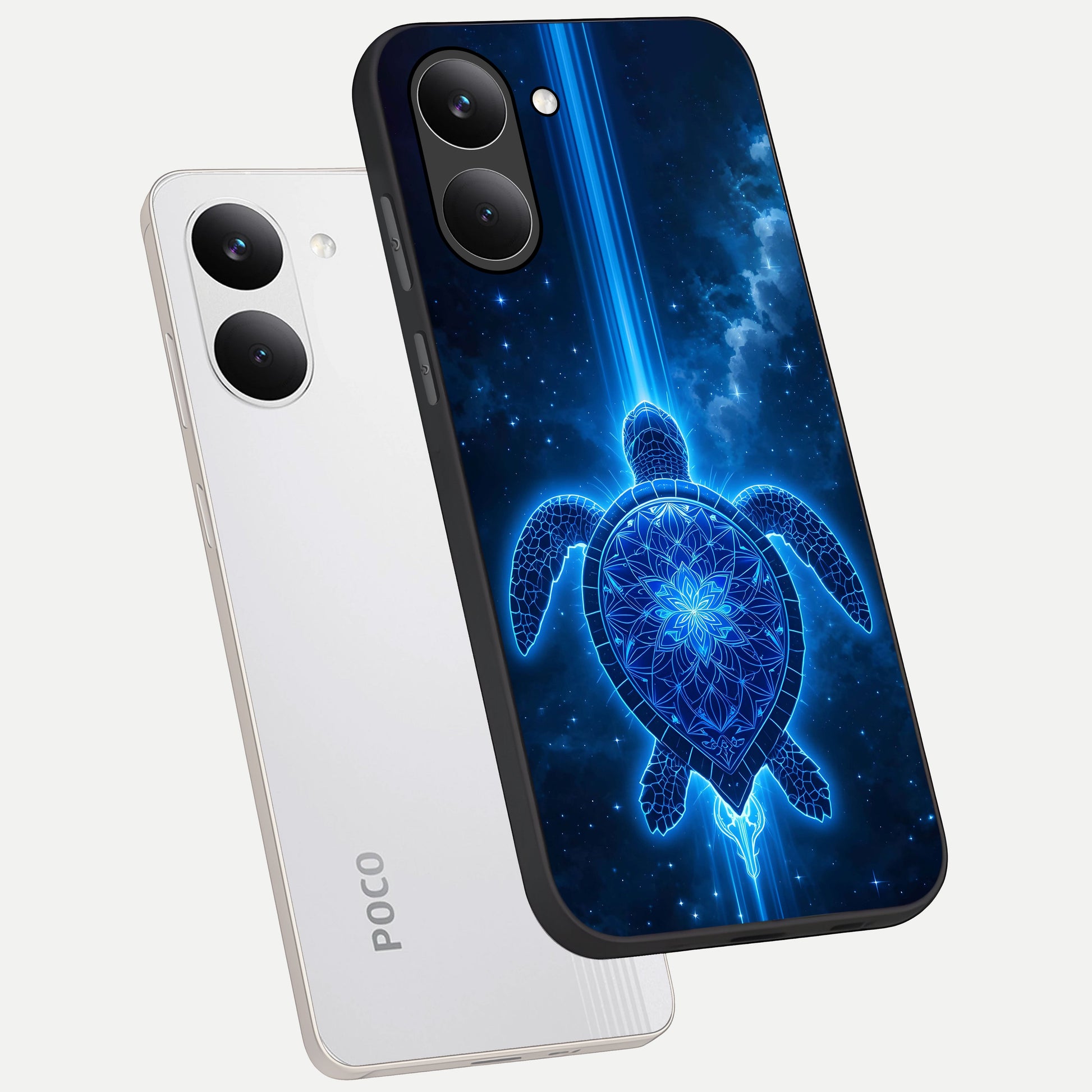  Blue Galaxy Turtle phone case For Poco X8 Pro showing premium glass back cover with detailed artwork