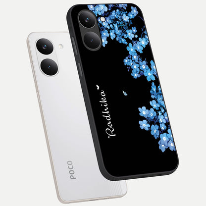  Blue Petal Dream Custom Name phone case For Poco X8 Pro showing premium glass back cover with detailed artwork