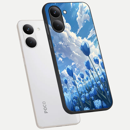  Blue Tulip Clouds phone case For Poco X8 Pro showing premium glass back cover with detailed artwork