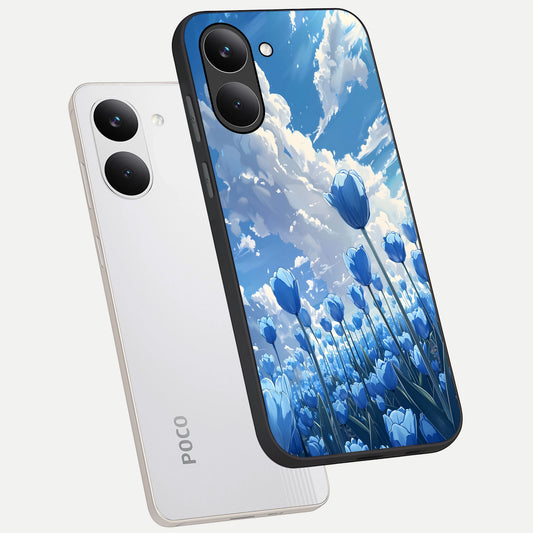  Blue Tulip Clouds phone case For Poco X8 Pro showing premium glass back cover with detailed artwork