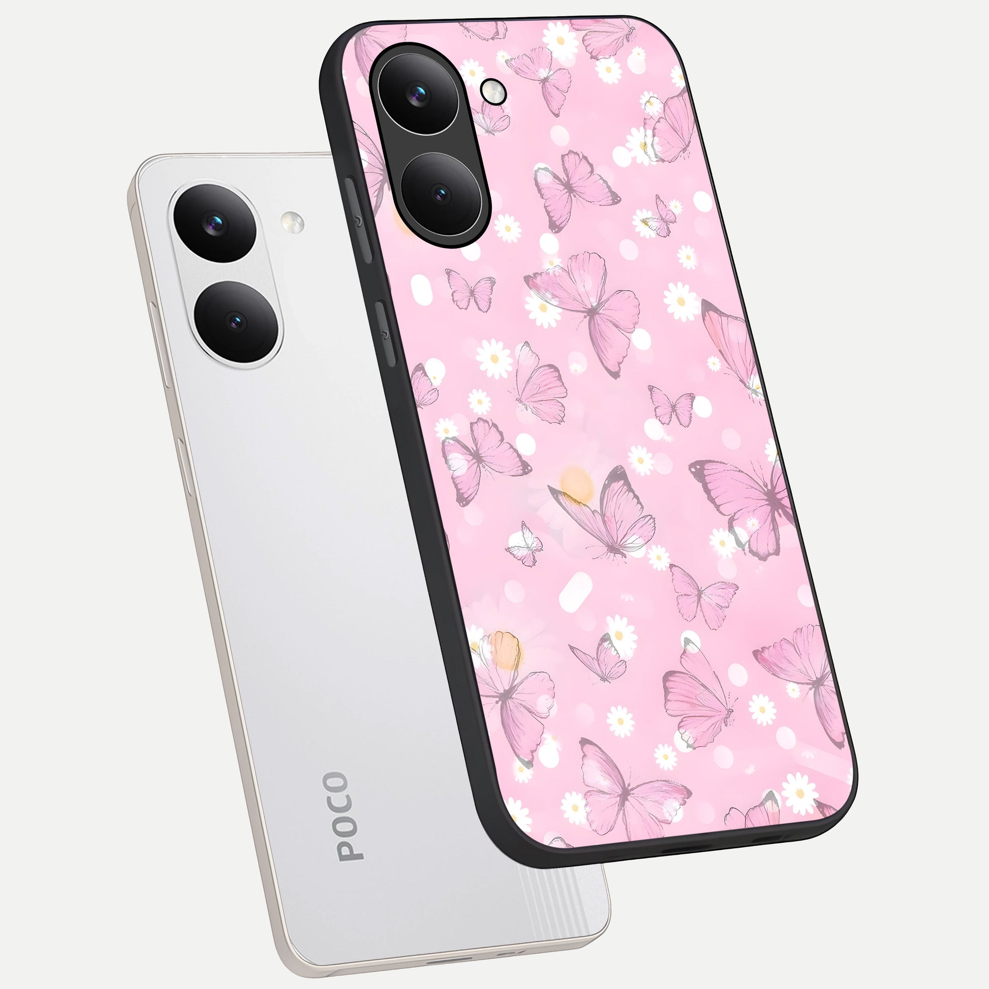  Blush Butterfly Garden phone case For Poco X8 Pro showing premium glass back cover with detailed artwork