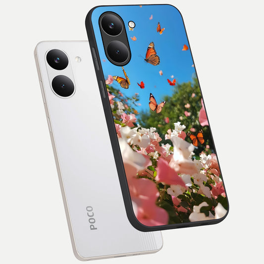  Butterflies In Bloom Sky phone case For Poco X8 Pro showing premium glass back cover with detailed artwork