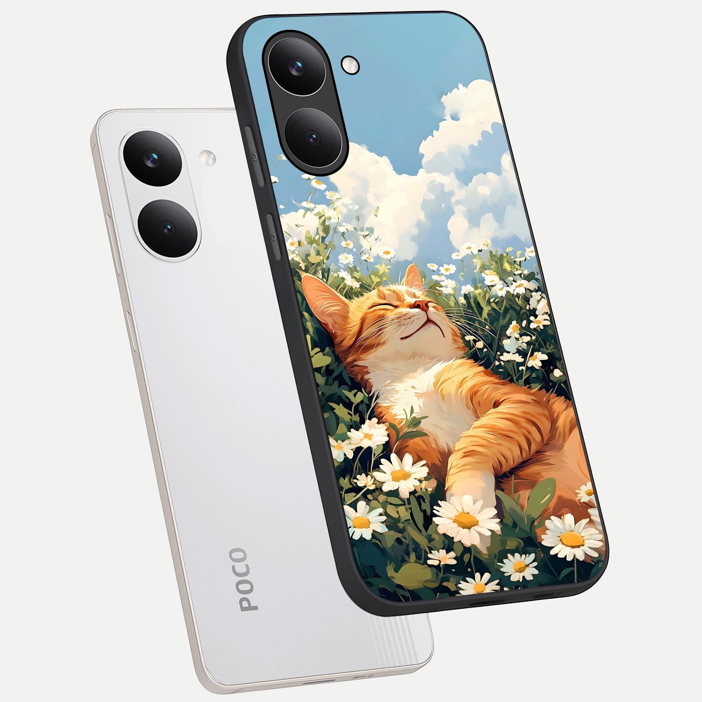  Cat And Flowers View phone case For Poco X8 Pro showing premium glass back cover with detailed artwork