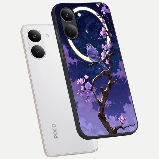  Celestial Bird Blossom phone case For Poco X8 Pro showing premium glass back cover with detailed artwork