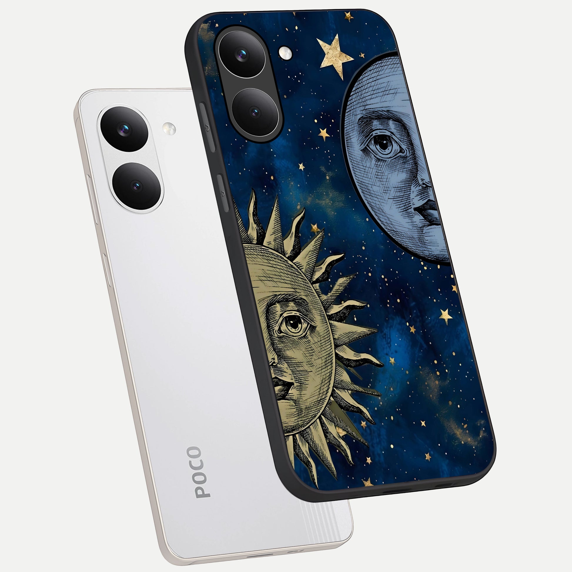 Celestial Moon With Sun phone case For Poco X8 Pro showing premium glass back cover with detailed artwork