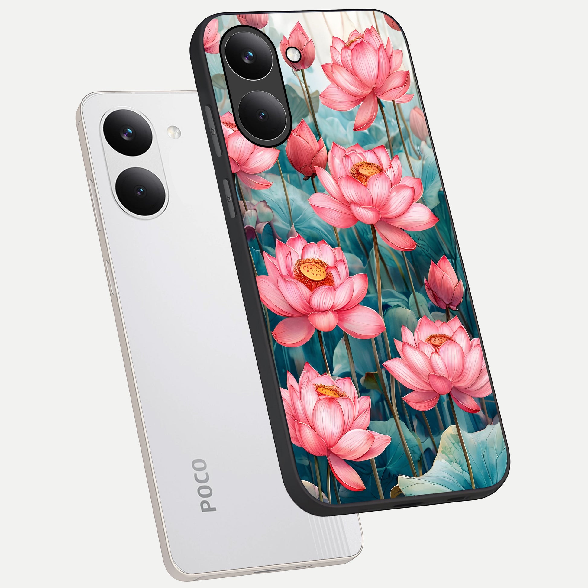  Celestial Pink Lotus phone case For Poco X8 Pro showing premium glass back cover with detailed artwork