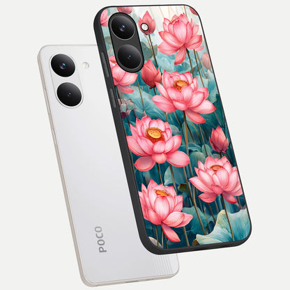  Celestial Pink Lotus phone case For Poco X8 Pro showing premium glass back cover with detailed artwork