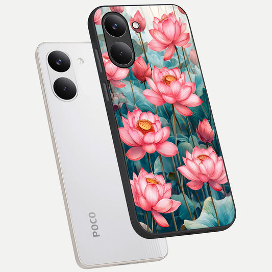  Celestial Pink Lotus phone case For Poco X8 Pro showing premium glass back cover with detailed artwork