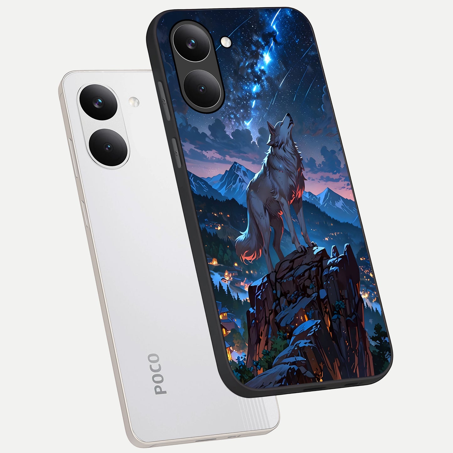  Celestial Wolf Howl phone case For Poco X8 Pro showing premium glass back cover with detailed artwork