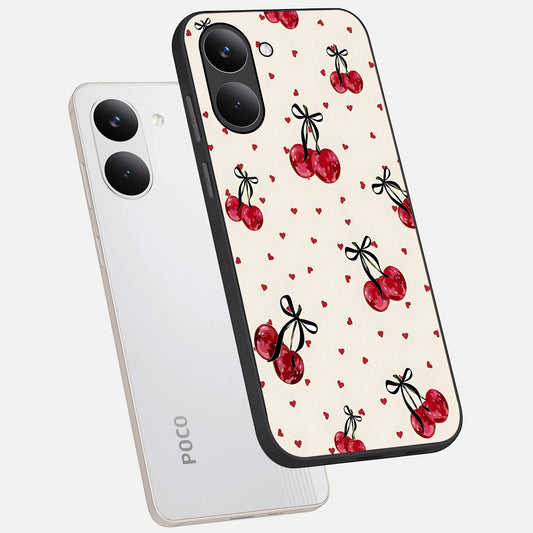  Cherry Heart Bow phone case For Poco X8 Pro showing premium glass back cover with detailed artwork