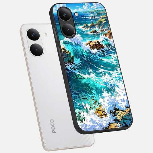  Coastal Blue Waves phone case For Poco X8 Pro showing premium glass back cover with detailed artwork