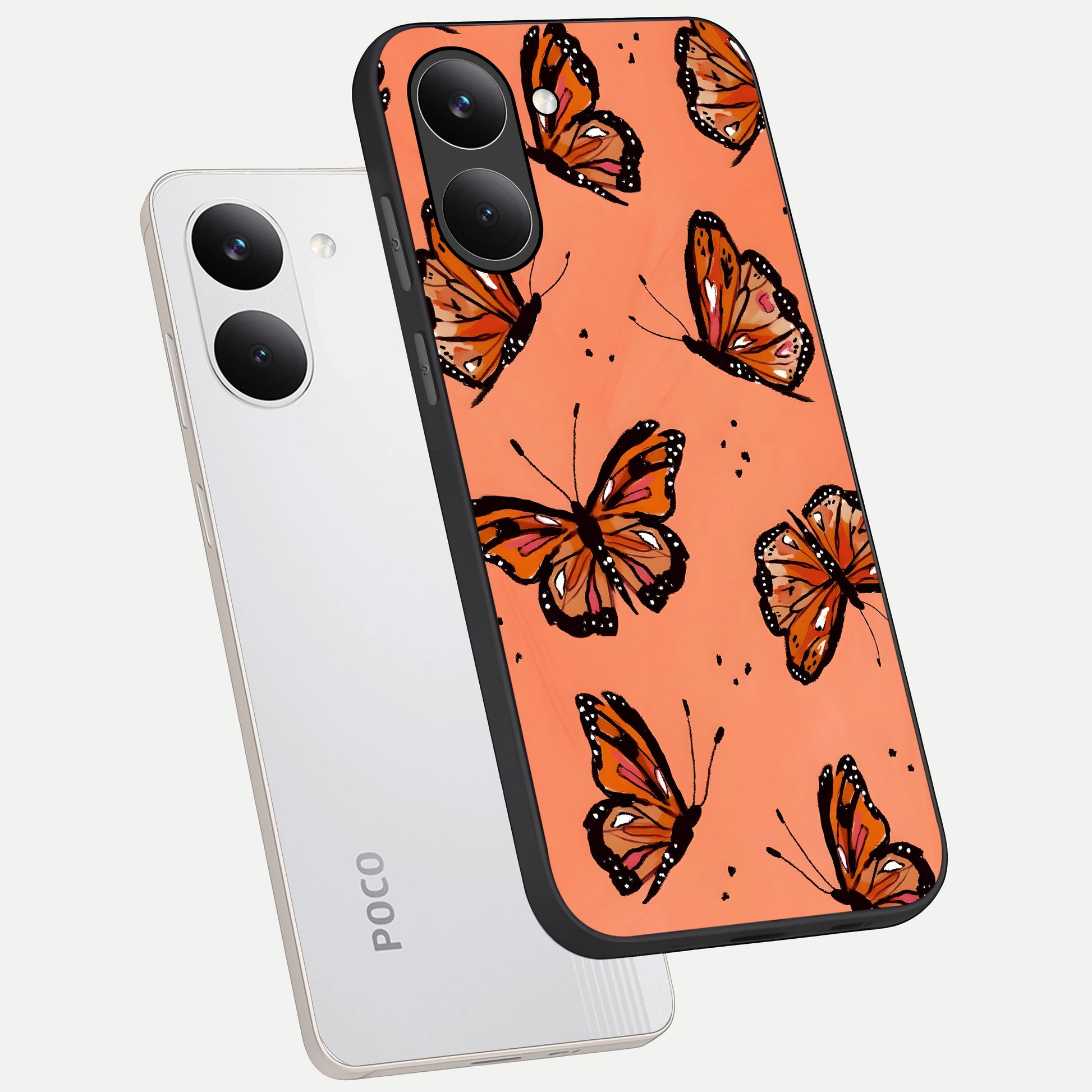  Coral Wing Butterfly phone case For Poco X8 Pro showing premium glass back cover with detailed artwork