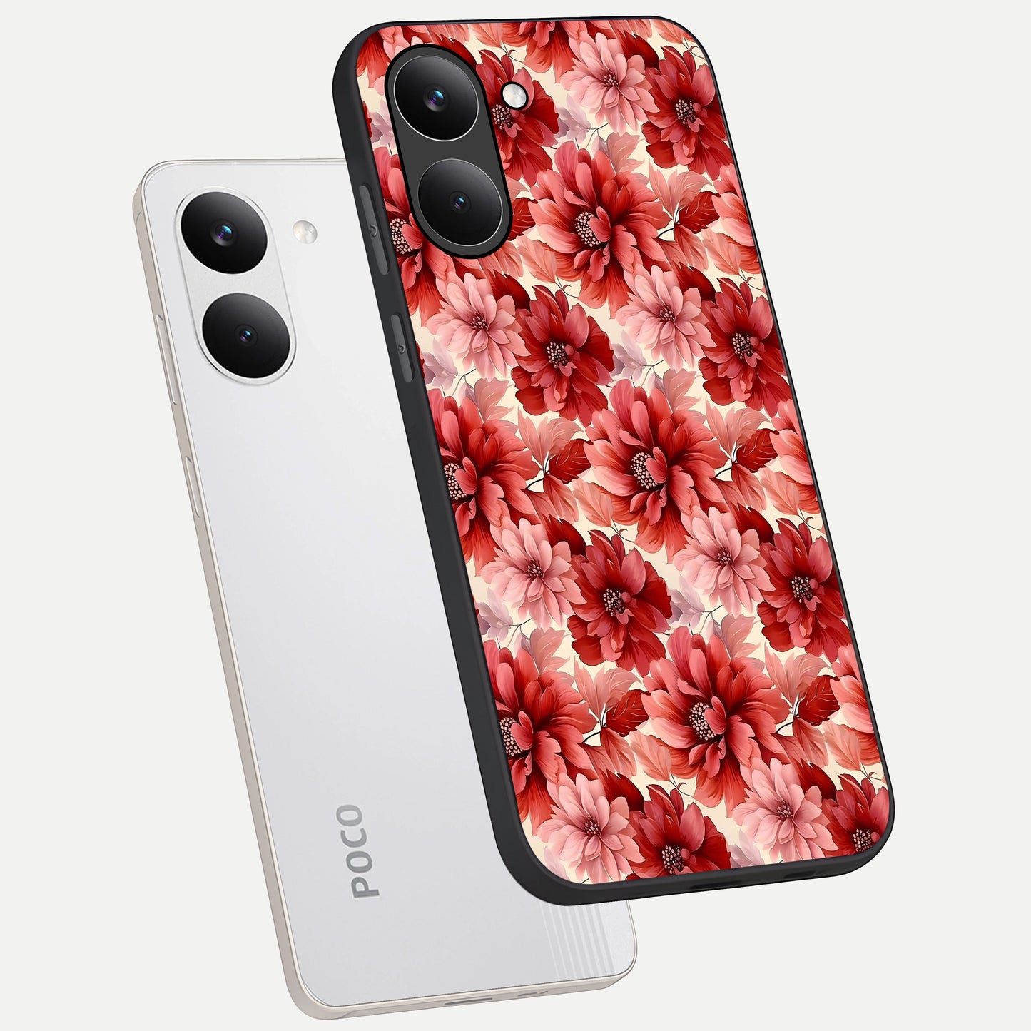  Crimson Love Petals phone case For Poco X8 Pro showing premium glass back cover with detailed artwork