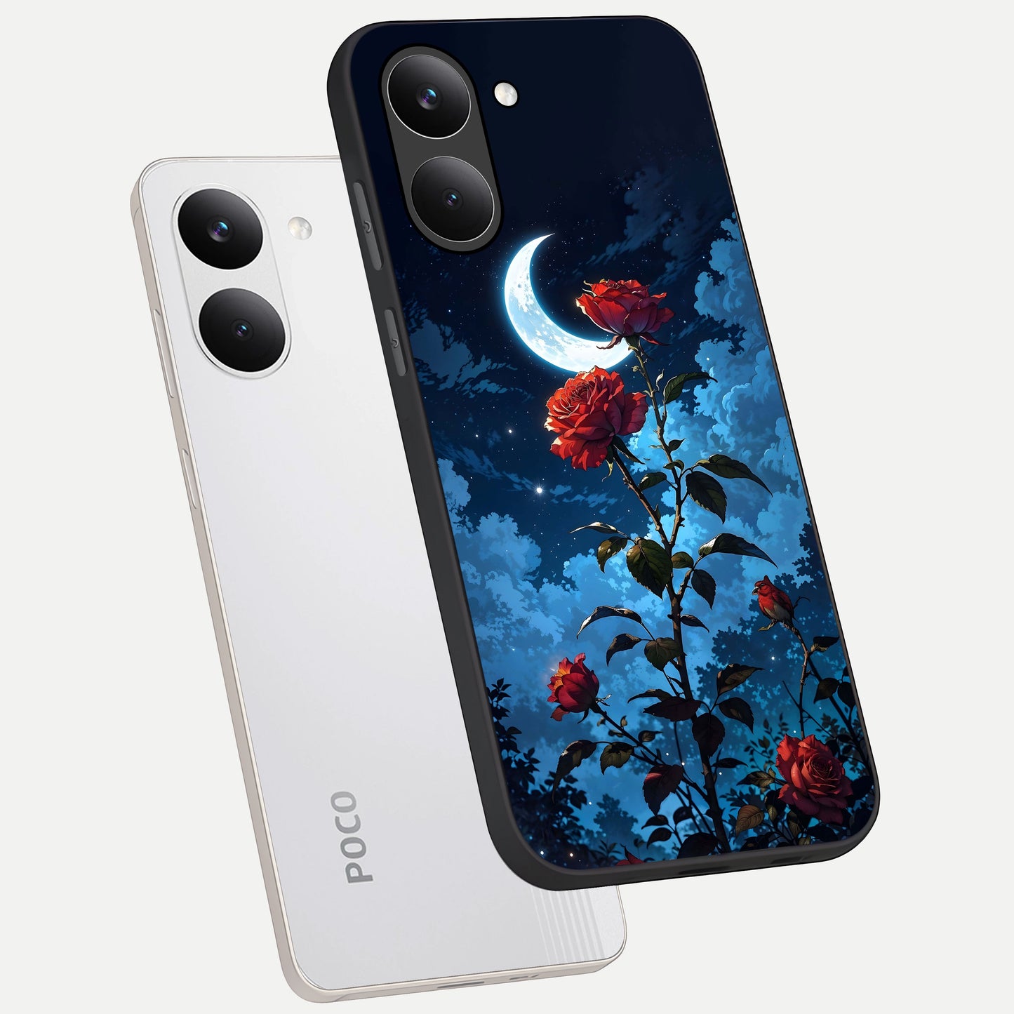  Crimson Rose Moon phone case For Poco X8 Pro showing premium glass back cover with detailed artwork
