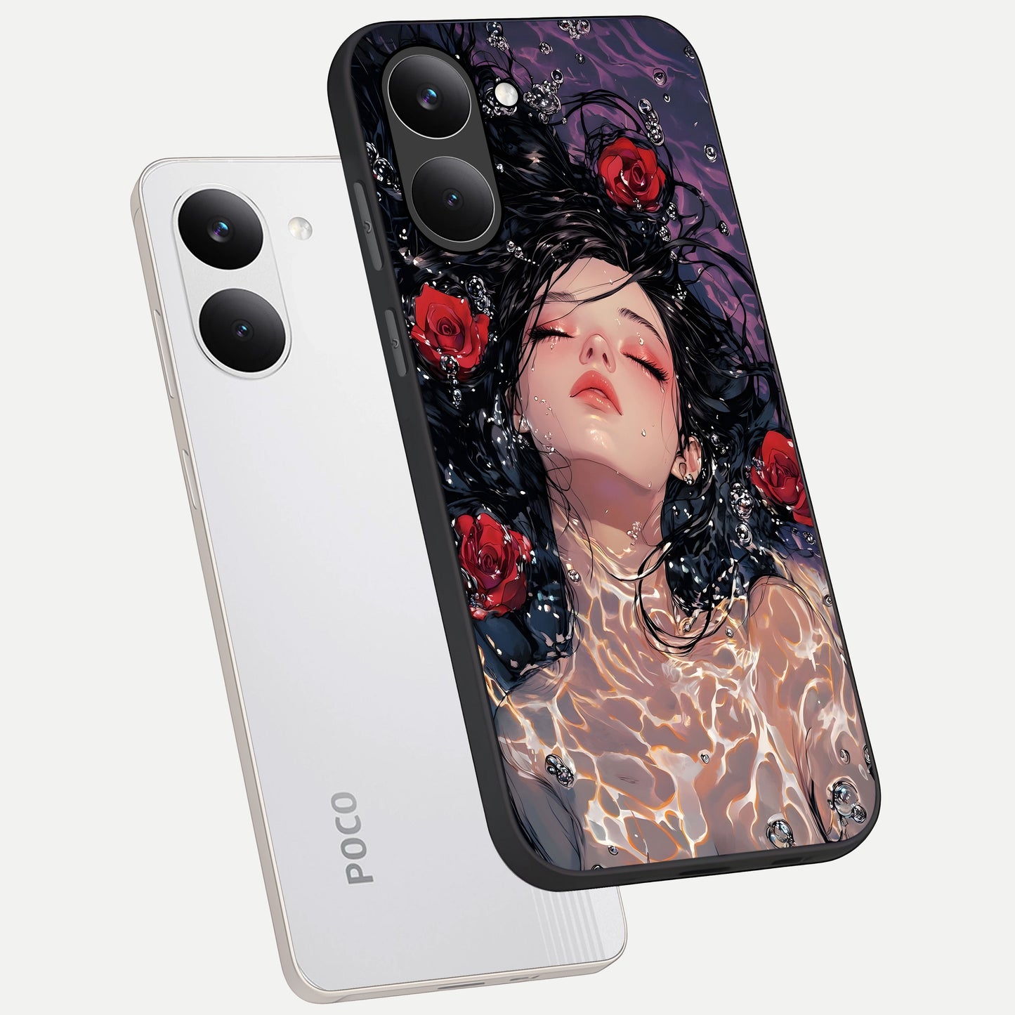  Crimson Rose Serenity phone case For Poco X8 Pro showing premium glass back cover with detailed artwork