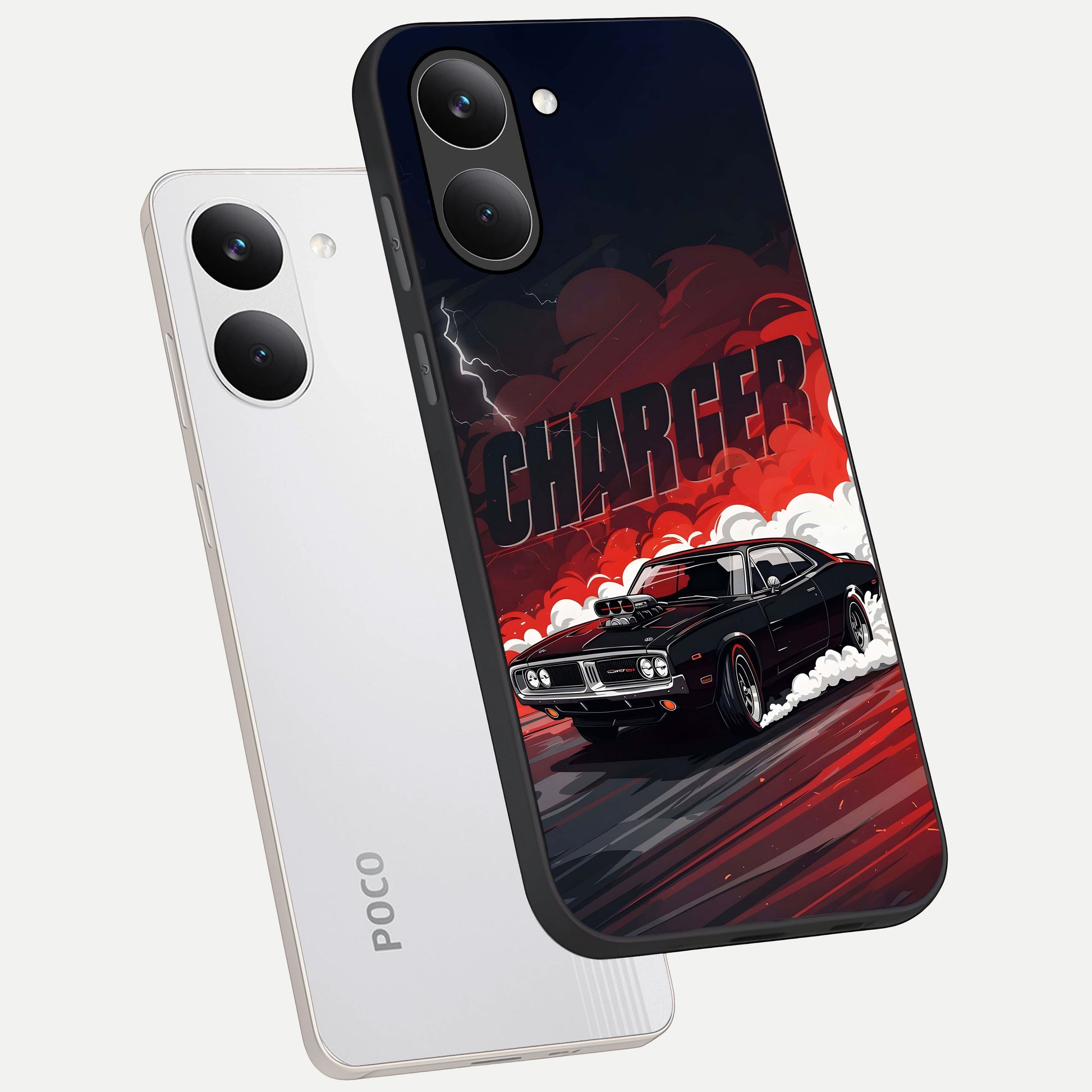  Dark Charger Fury phone case For Poco X8 Pro showing premium glass back cover with detailed artwork