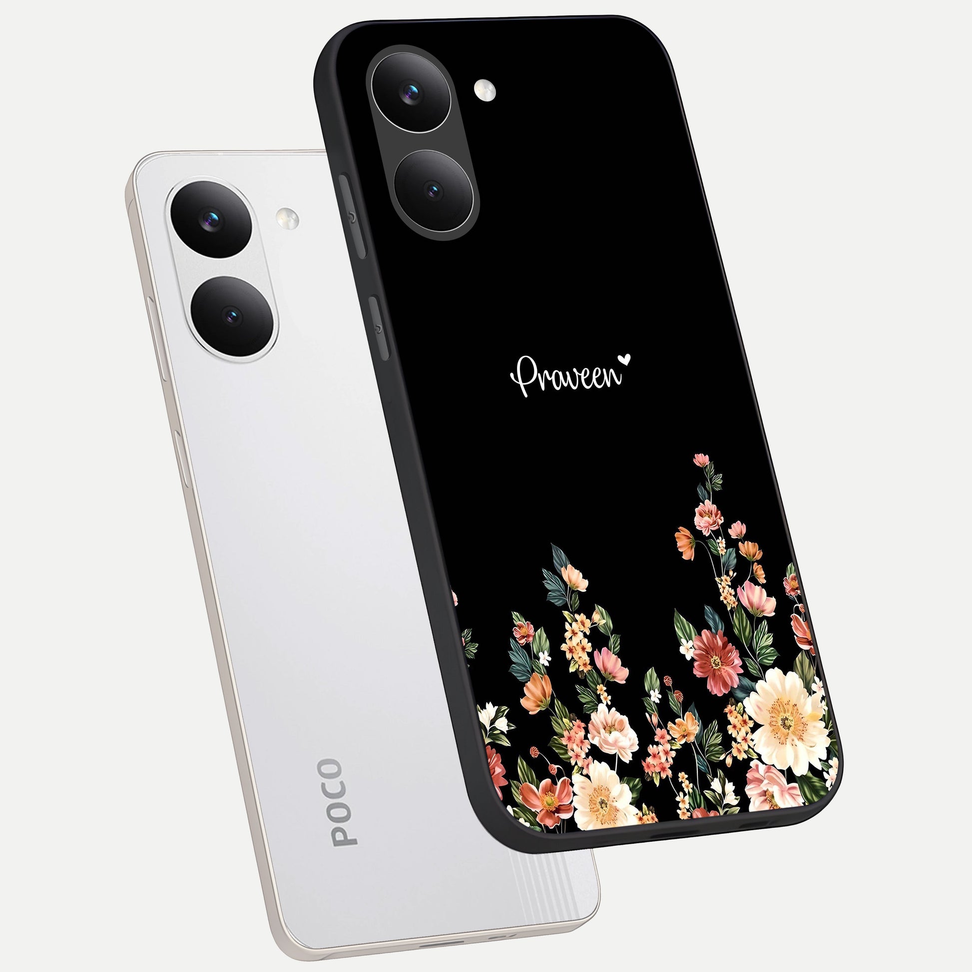  Floral Design Personalized Custom Name phone case For Poco X8 Pro showing premium glass back cover with detailed artwork