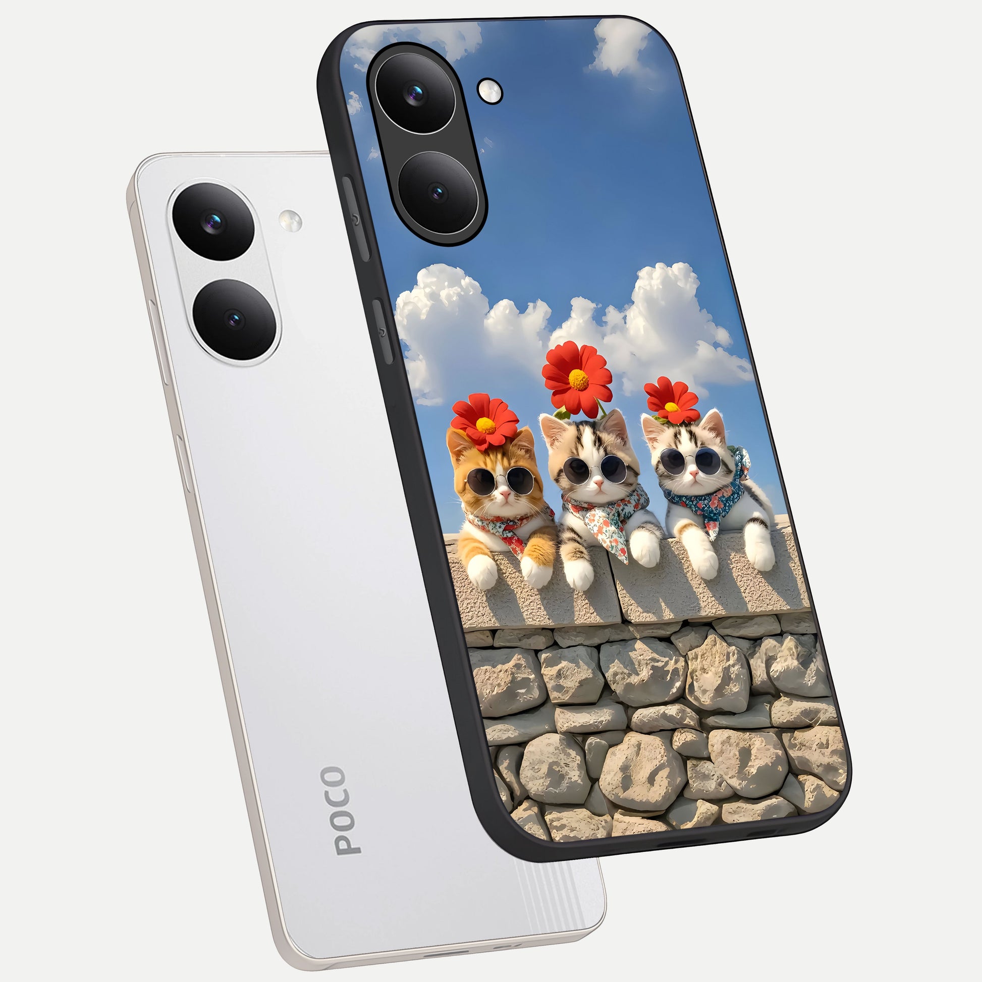  Floral Kitty Squad phone case For Poco X8 Pro showing premium glass back cover with detailed artwork