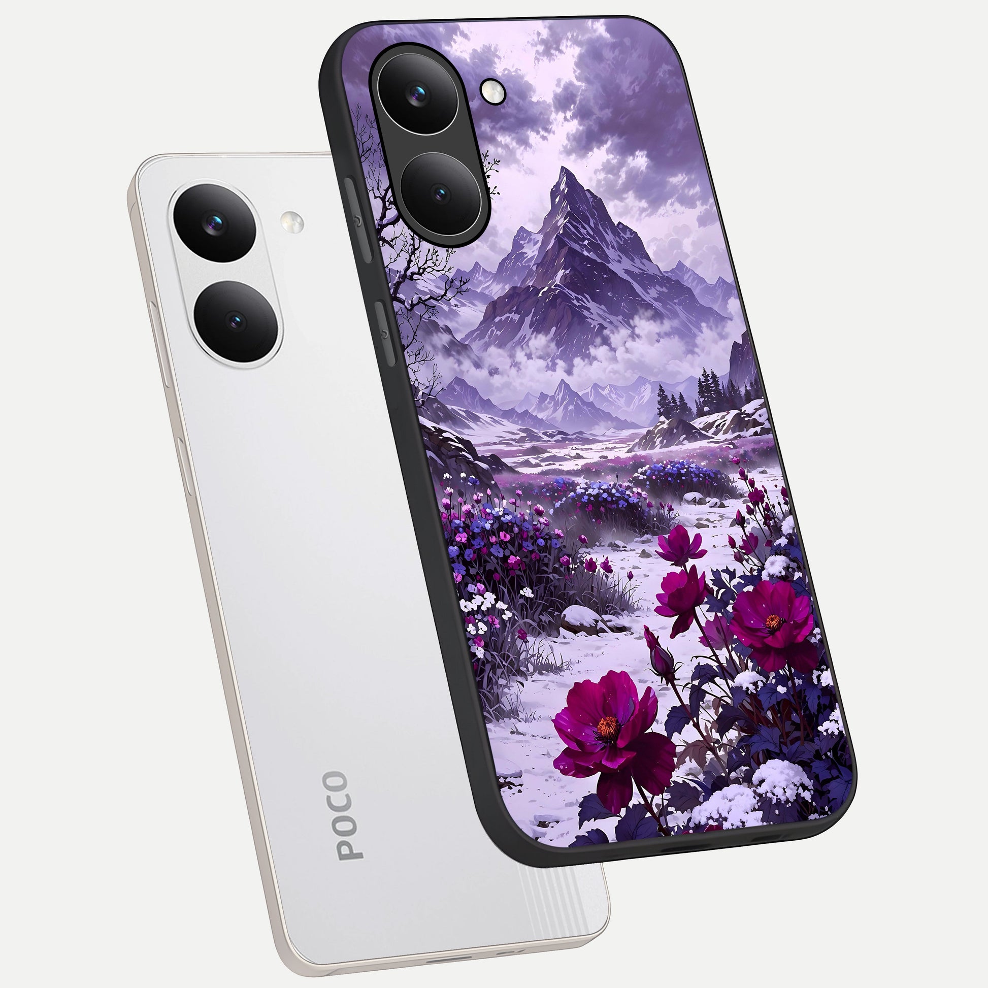  Flower Mountain View phone case For Poco X8 Pro showing premium glass back cover with detailed artwork