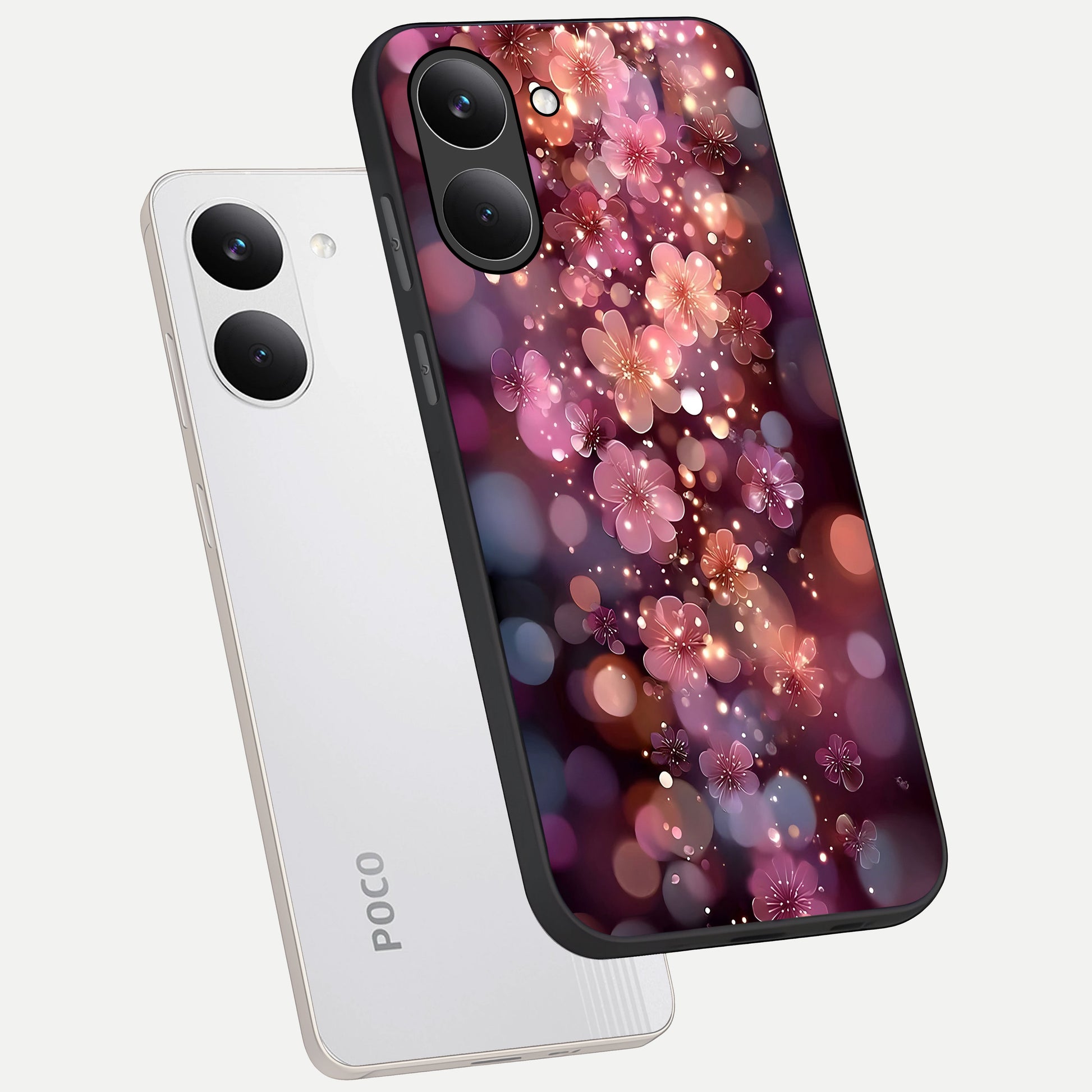  Glowing Petal Bliss phone case For Poco X8 Pro showing premium glass back cover with detailed artwork