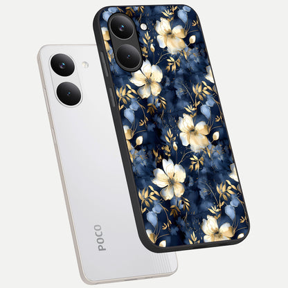  Golden Midnight Bloom phone case For Poco X8 Pro showing premium glass back cover with detailed artwork