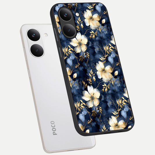  Golden Midnight Bloom phone case For Poco X8 Pro showing premium glass back cover with detailed artwork