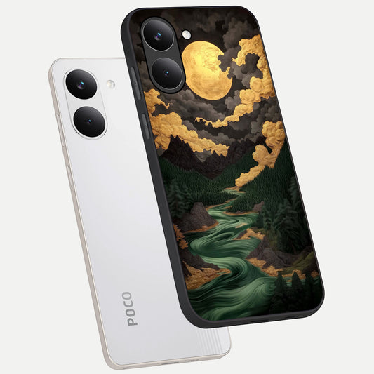  Golden River Moon phone case For Poco X8 Pro showing premium glass back cover with detailed artwork