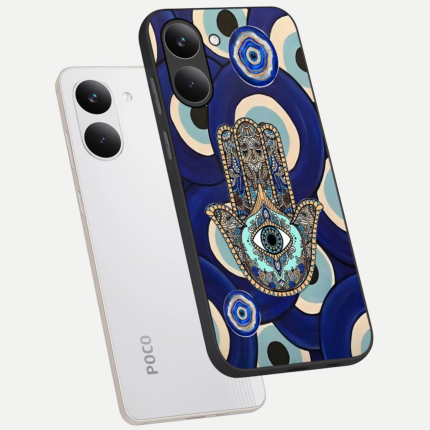  Hamsa Divine Guard phone case For Poco X8 Pro showing premium glass back cover with detailed artwork